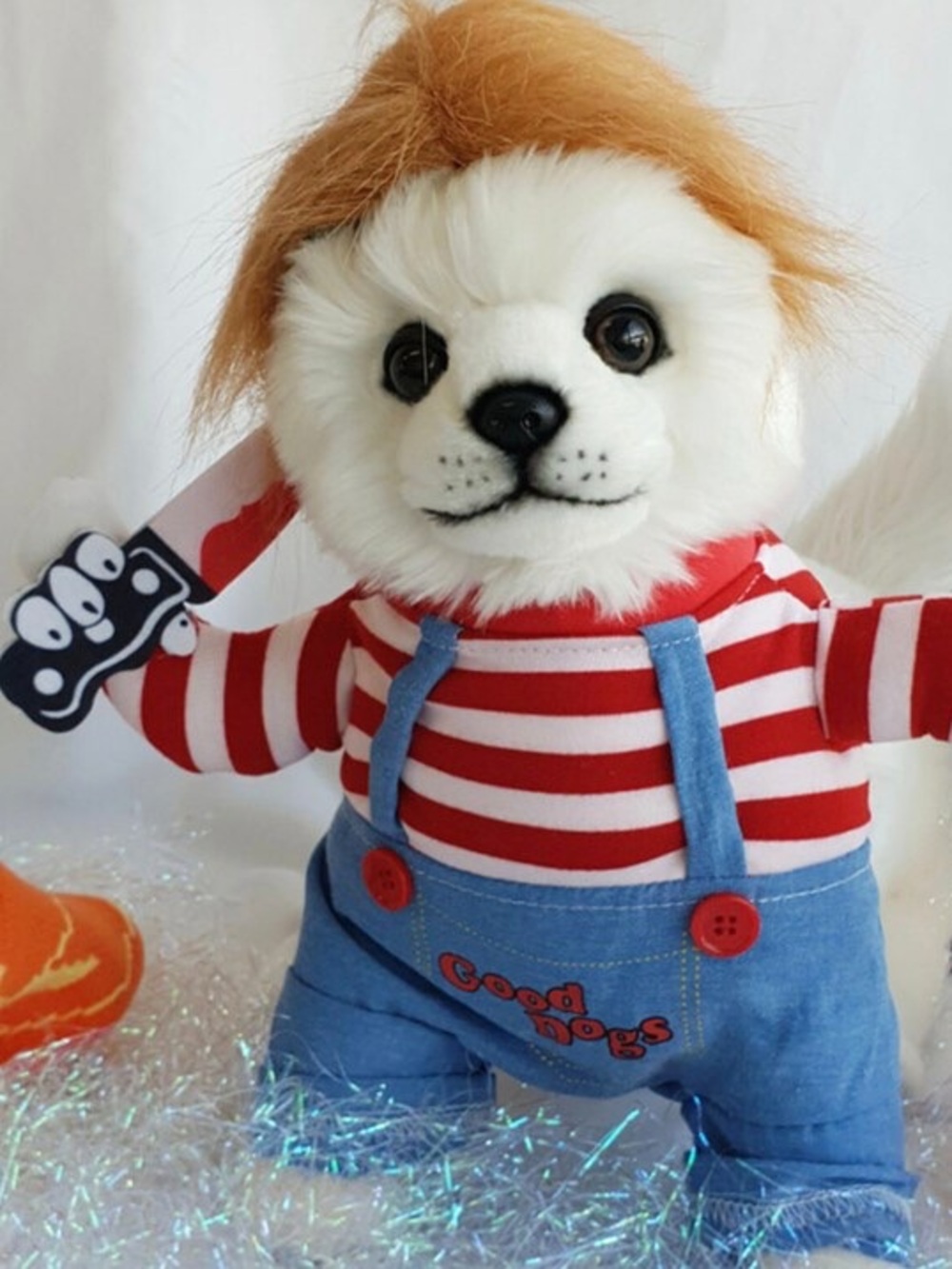 Chuckie Striped Red & White Dog Costume in Blue Overalls and Wig